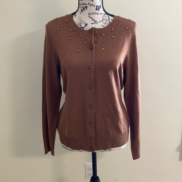 NWT New York & Company Brown Beaded Cardigan SZ L - Picture 2 of 9